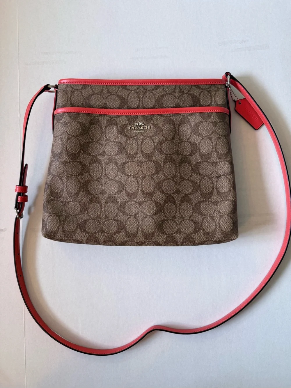 COACH Signature File Crossbody Bag (F58297) Brown Khaki, Bright Orange Straps